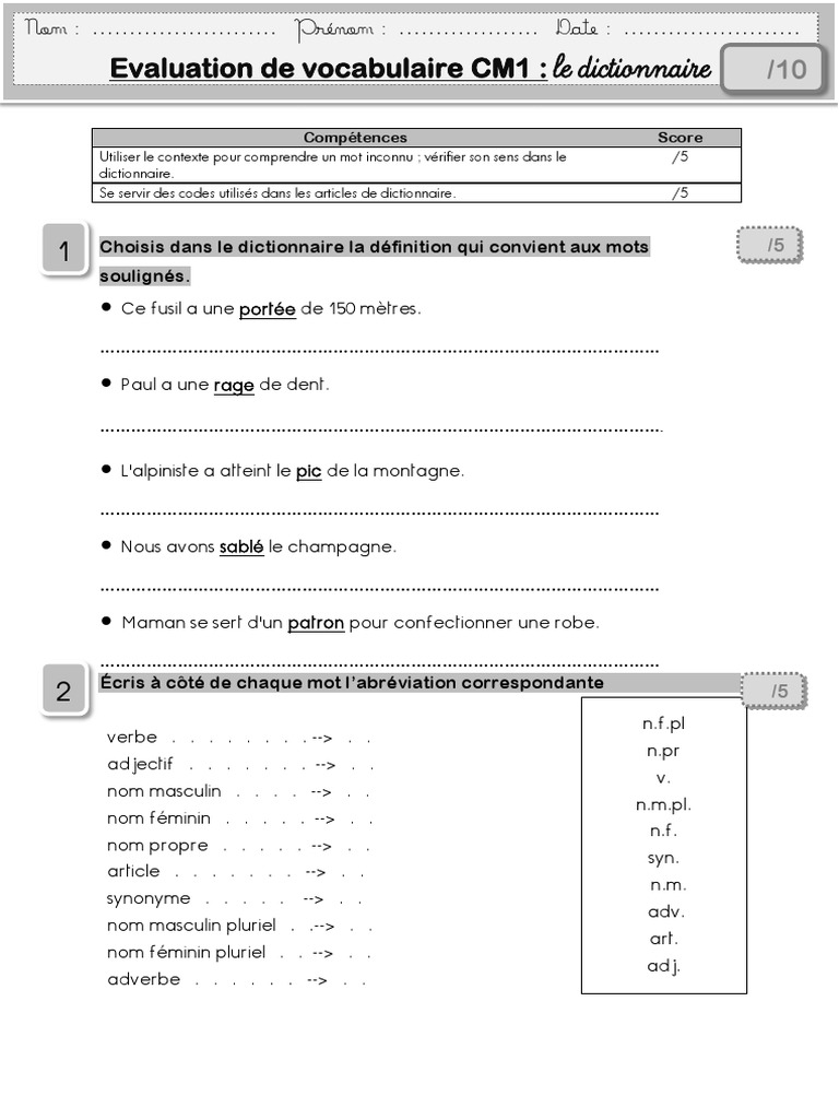 Exercices Sur Le Dictionnaire Cm1 Eval 1 Dictionnaire cm1 Mamait | PDF | Linguistique | Genre grammatical