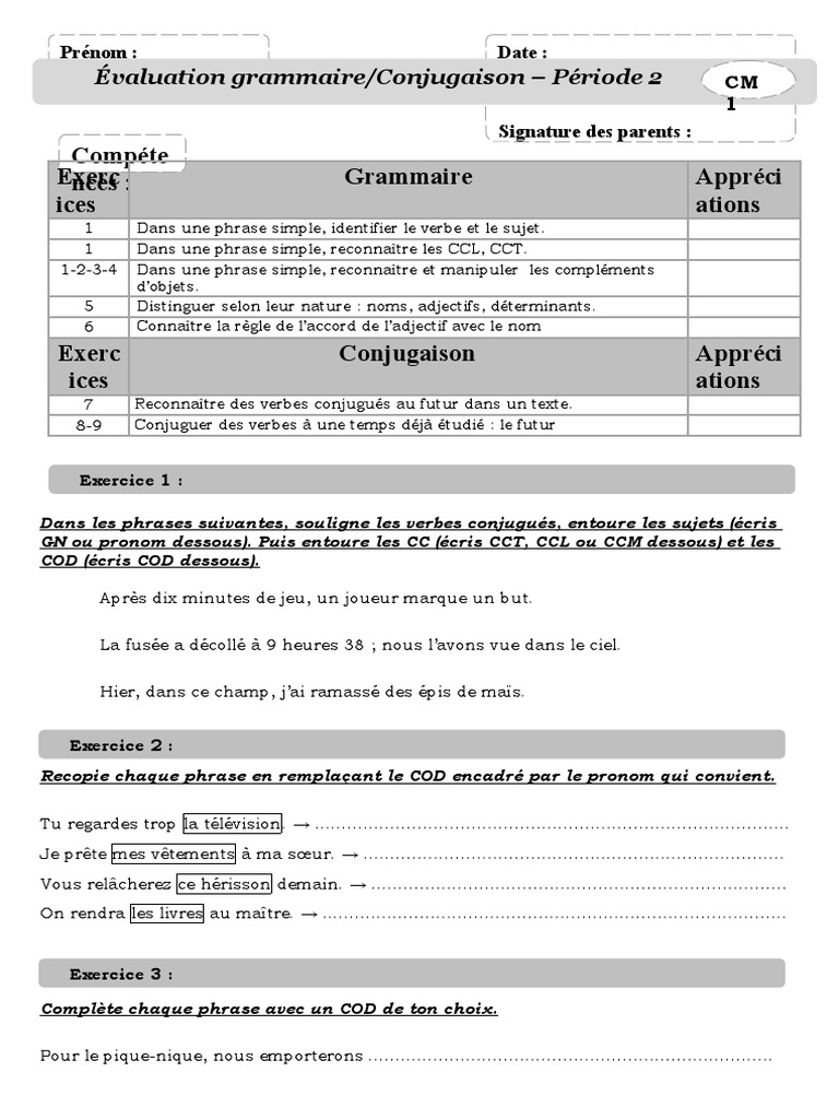 Exercice Déterminant : Cm1 Pdf Avec Corrigé Eval Periode 2 CM1 2011 2012 | PDF | Genre grammatical | Verbe