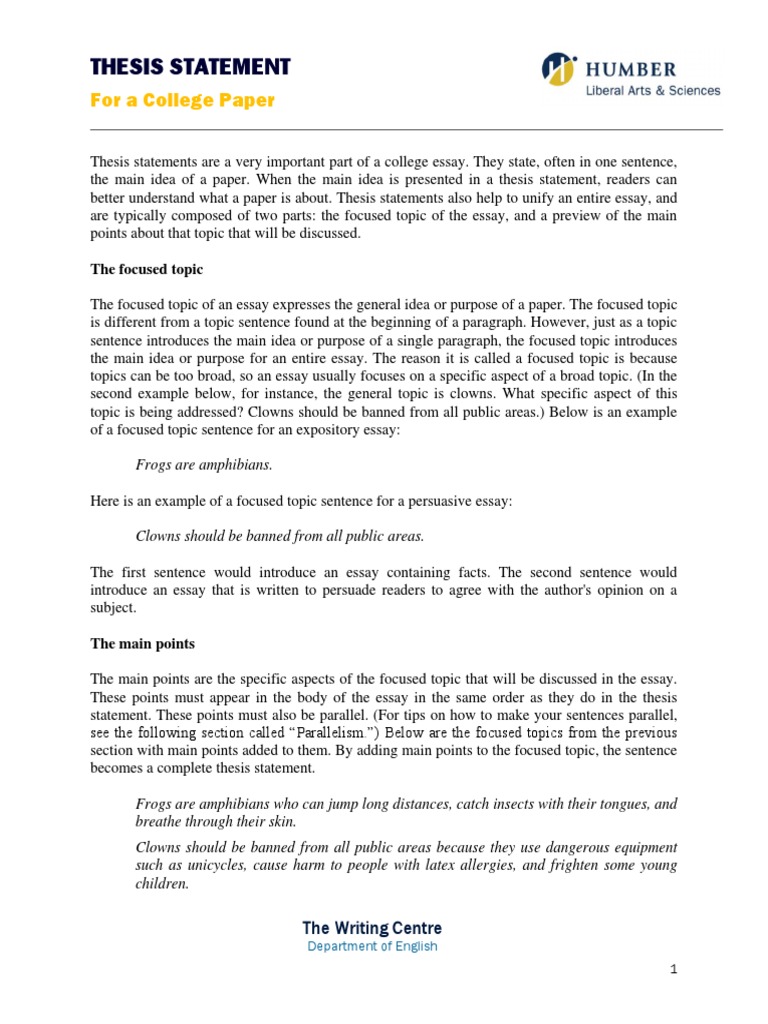 Thesis Statement For A College Paper | PDF | Essays | Paragraph