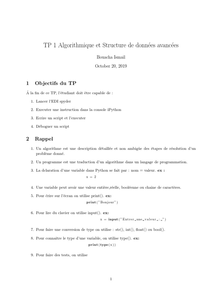 TP Algorithmique et Python: Exercices Pratiques | PDF | Python (Langage ...