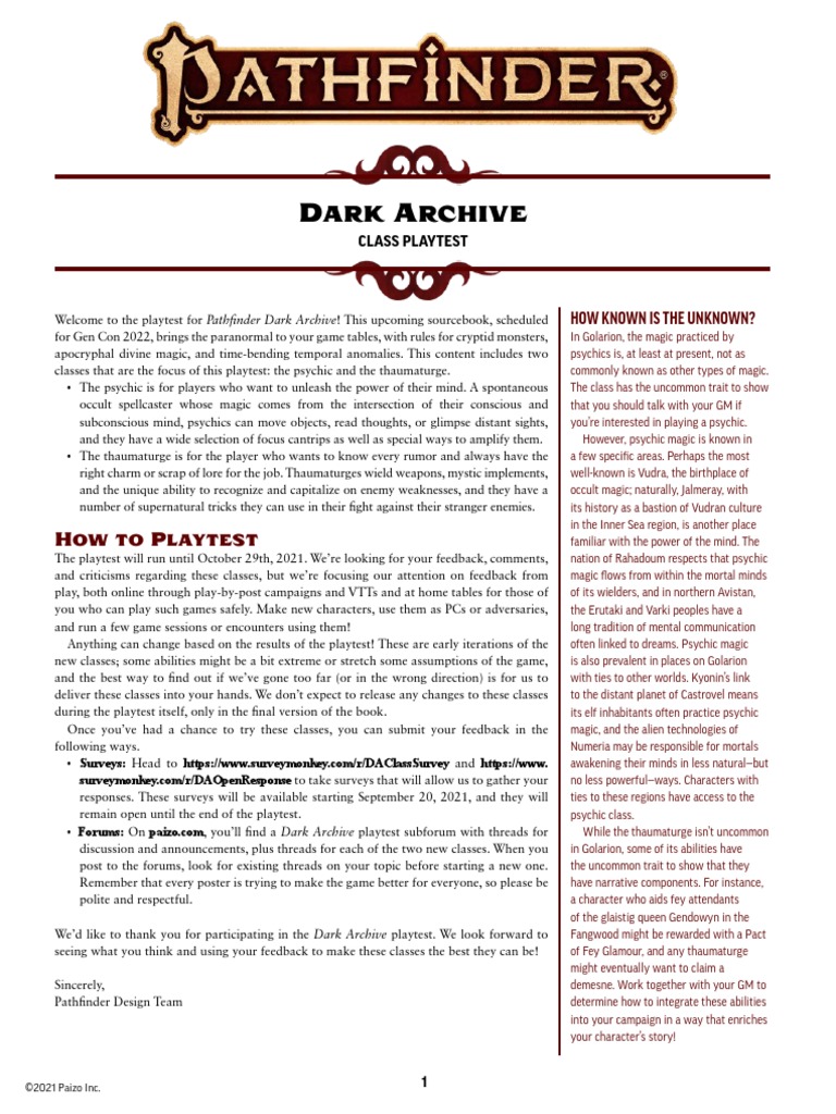 PZO2111 Dark Archive Class Playtest | PDF | Mind | Emotions