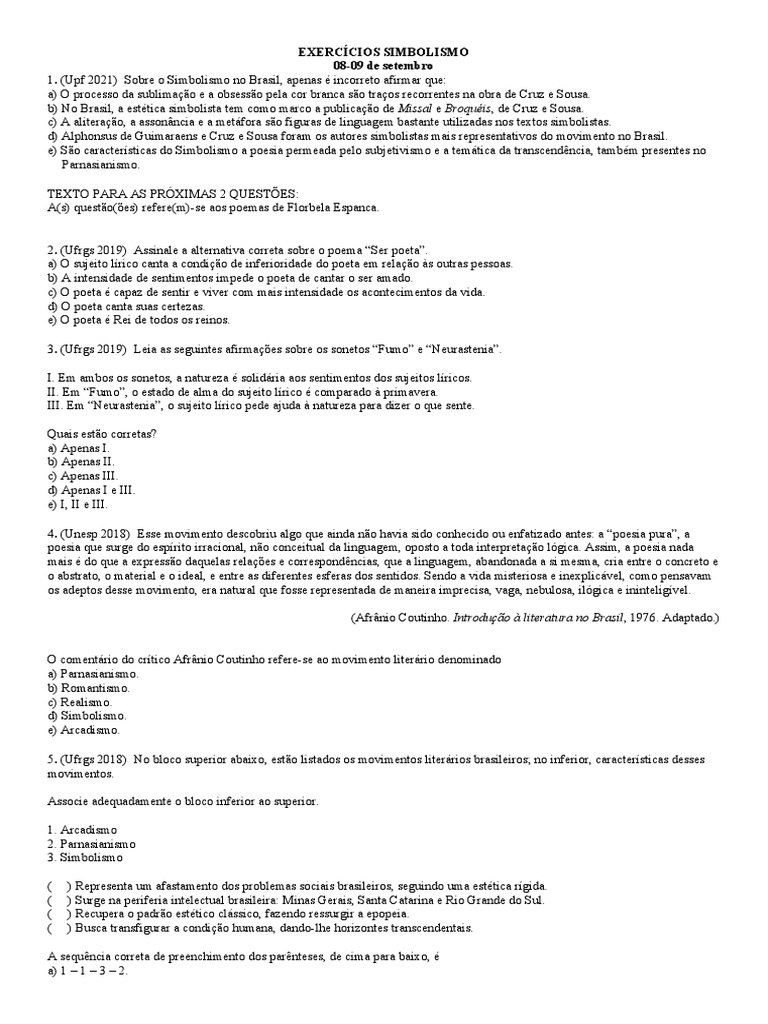 Simbolismo - 2 Exercícios | PDF | Simbolismo (artes) | Poesia