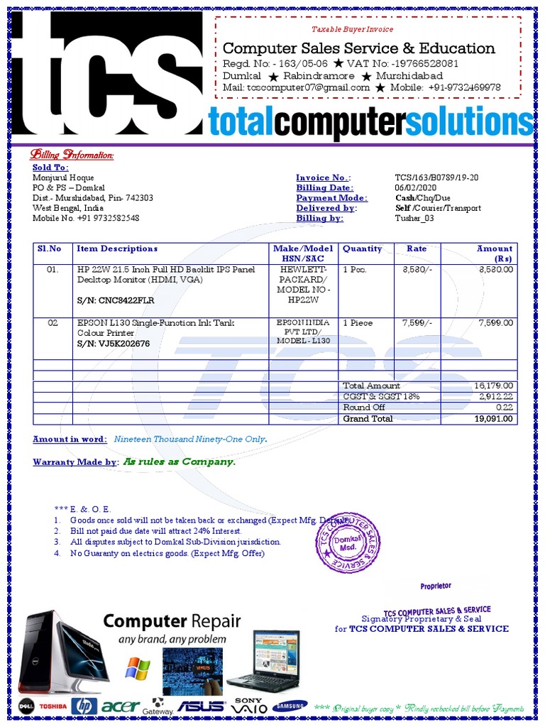 Computer Sales Service & Education: Billing Information | PDF ...