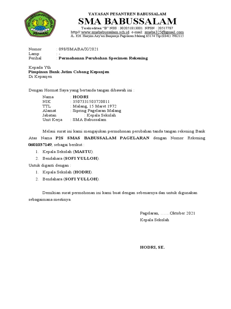 Surat Permohonan Perubahan Specimen Bank Jatim Adalah vrogue.co