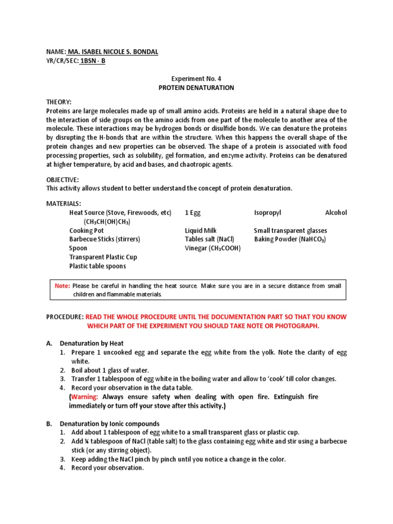 Protein Denaturation Experiment PDF Denaturation (Biochemistry