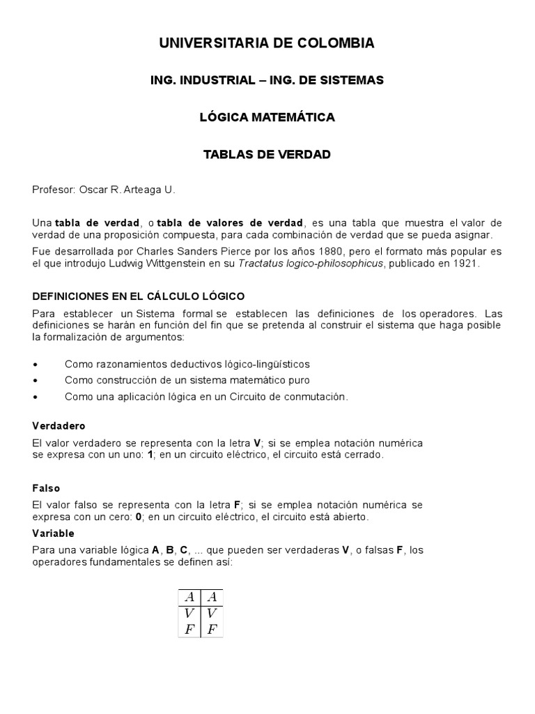 Tablas de Verdad PDF Si y solo si Lógica matemática