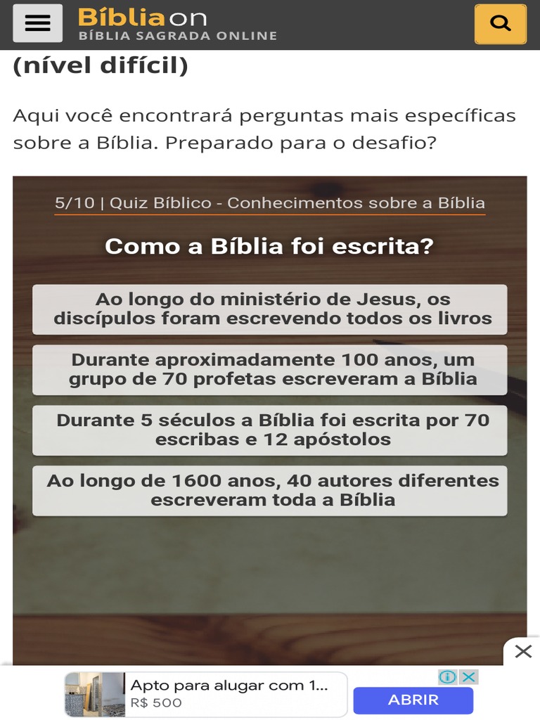 70 Perguntas Bíblicas: Quiz (nível difícil) - Bíblia