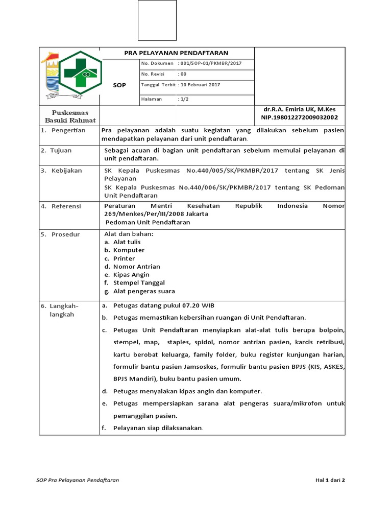 SOP Pendaftaran Puskesmas Basuki Rahmat | PDF