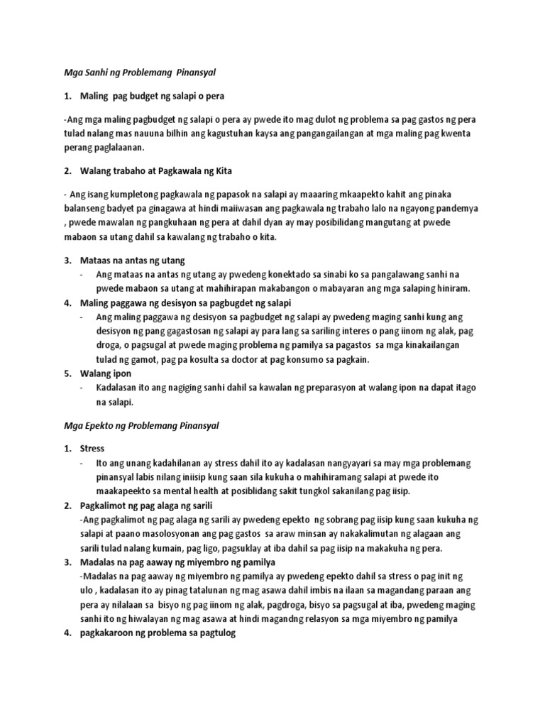 Mga Sanhi NG Problemang Pinansyal | PDF