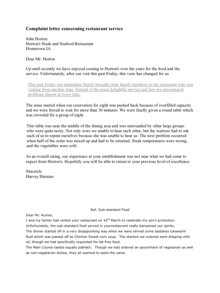 Complaint Letter Concerning Restaurant Service | Pdf | Menu | Restaurants