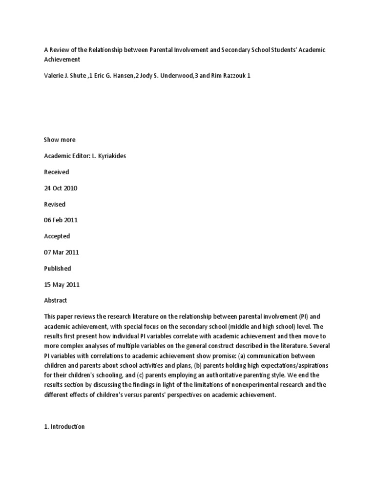 A Review of The Relationship Between Parental Involvement and Secondary ...