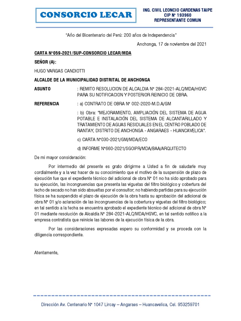 Carta #59 Notificacion Del Reinicio de Obra - Comave | PDF | Hogar ...