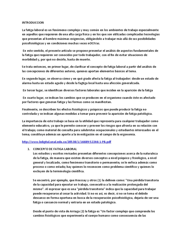Fatiga Laboral | PDF | Factores humanos y ergonomía | Síndrome de ...