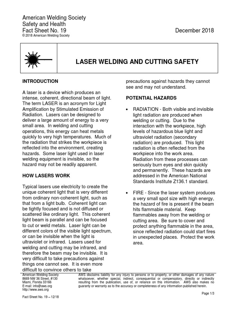 FactSheetNo.19Dec2018 LASER WELDING AND CUTTING SAFETY PDF