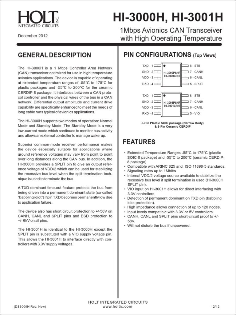 HI-3000H, HI-3001H: 1Mbps Avionics CAN Transceiver With High Operating ...