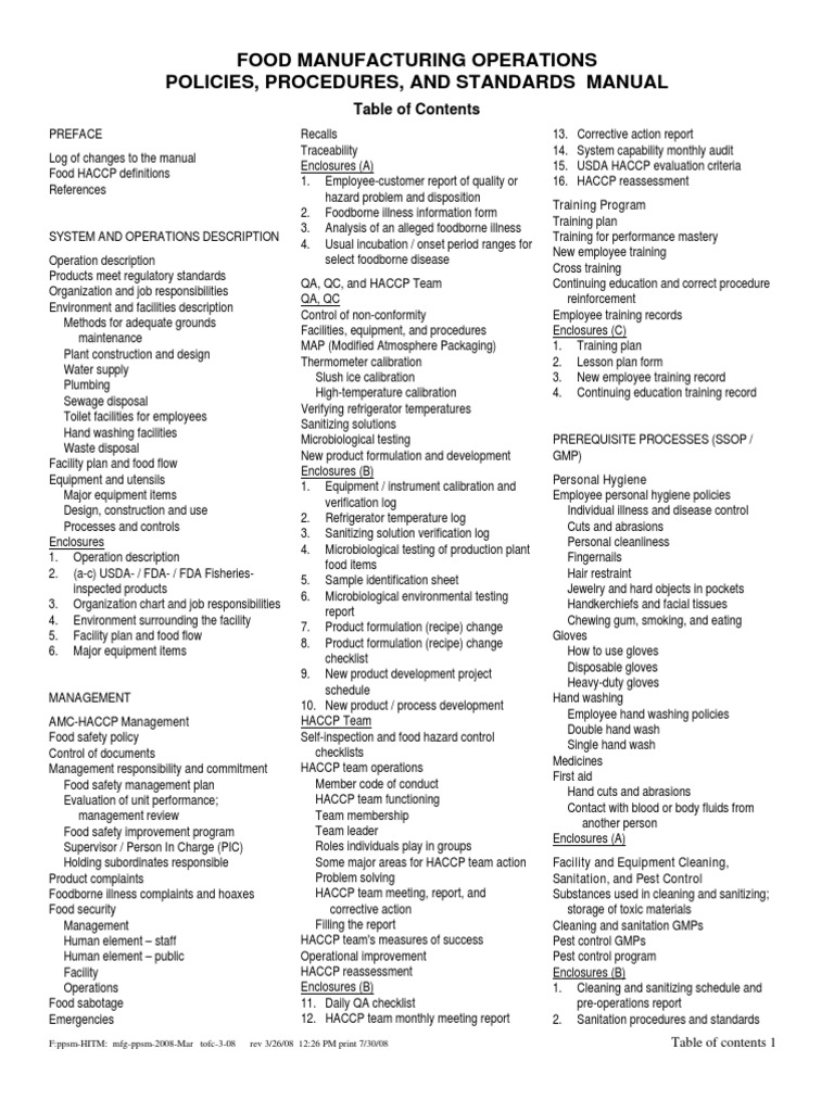Comprehensive Food Safety Manual Outlining Policies, Procedures, HACCP ...