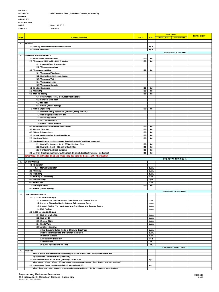 Ang Residence Renovation Bid Form PDF Paint Building Technology