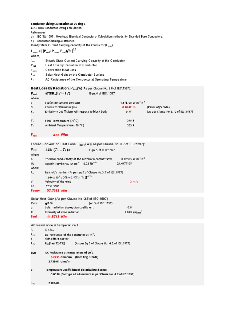 ACSR Conductor Sizing at 75°C | PDF | Heat Transfer | Electrical ...