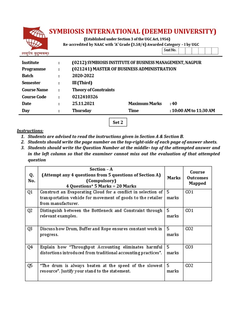Theory of Constraints - Question Paper Set-2 (Semester III) | PDF ...