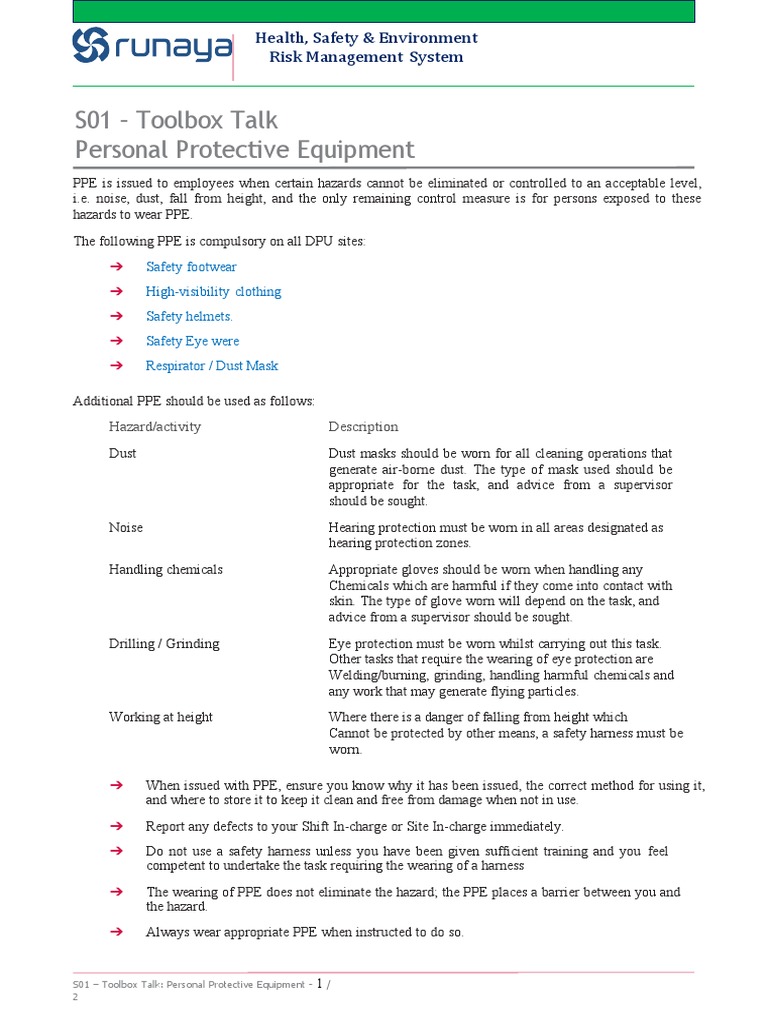 Toolbox Talk Personal Protective Equipment PDF Personal