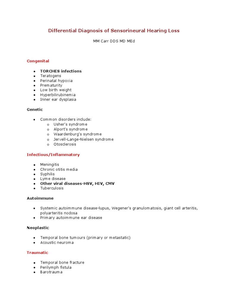 Sensorineural Hearing Loss Causes | PDF