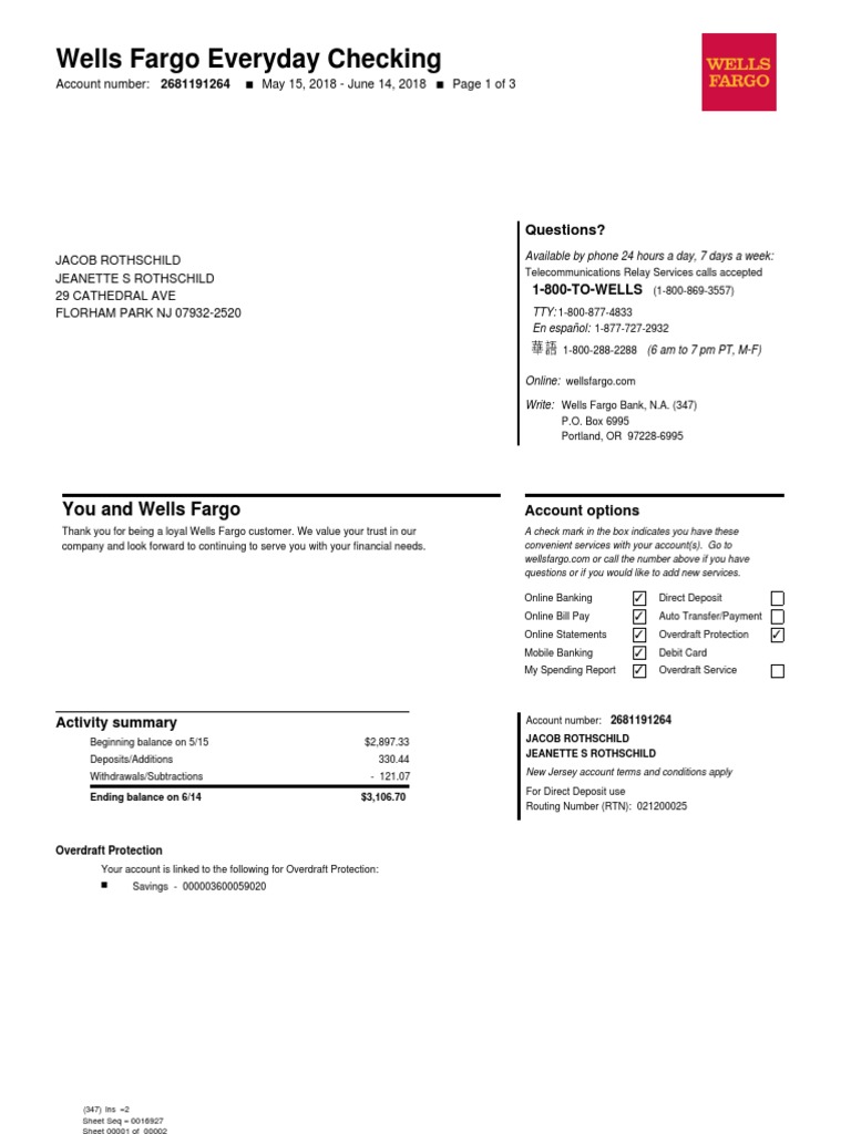Wells Fargo Everyday Checking PDF Fee Overdraft