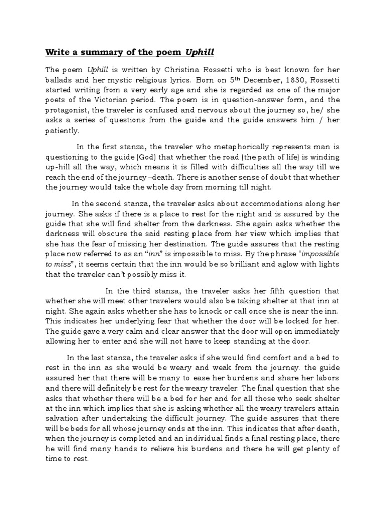 Write A Summary of The Poem Uphill PDF