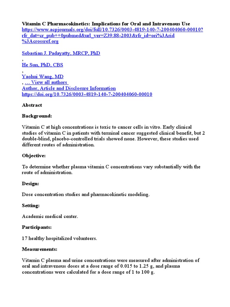 Vitamin C Implications For Oral and Intravenous Use