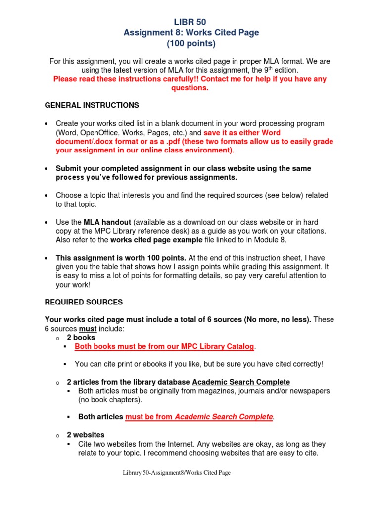 MLA Works Cited Page Assignment Guide | PDF | Citation | Books