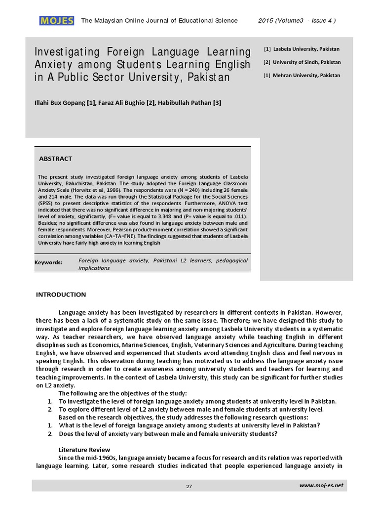 Investigating Foreign Language Learning Anxiety Among Students Learning ...