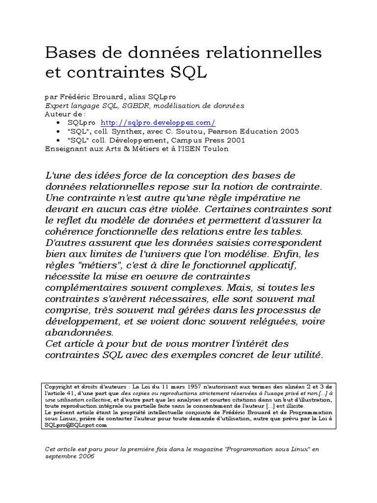 Bases de Donnees Relationnelles Et Contraintes SQL | PDF | SQL | Base ...