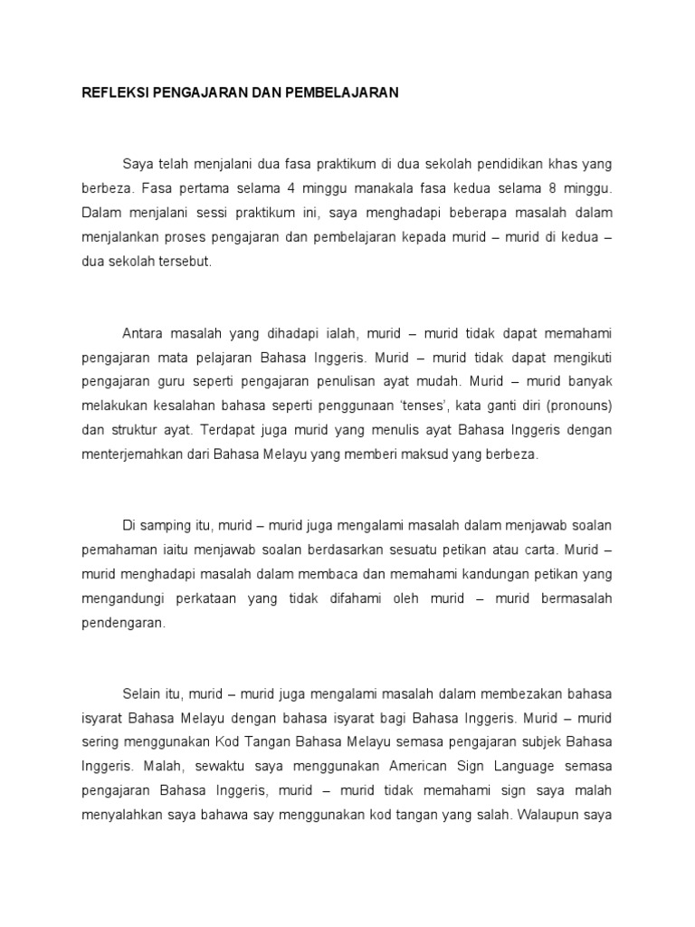 Refleksi Pengajaran Dan Pembelajaran Pdf