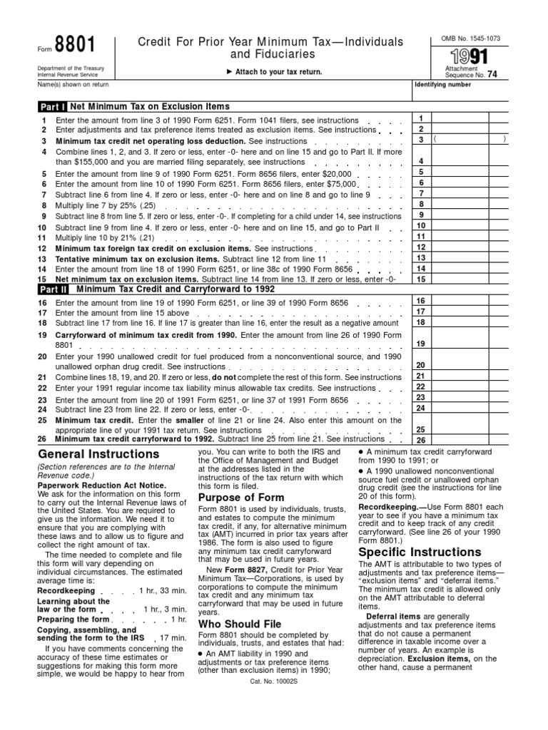 US Internal Revenue Service: f8801 - 1991 | PDF | Alternative Minimum ...