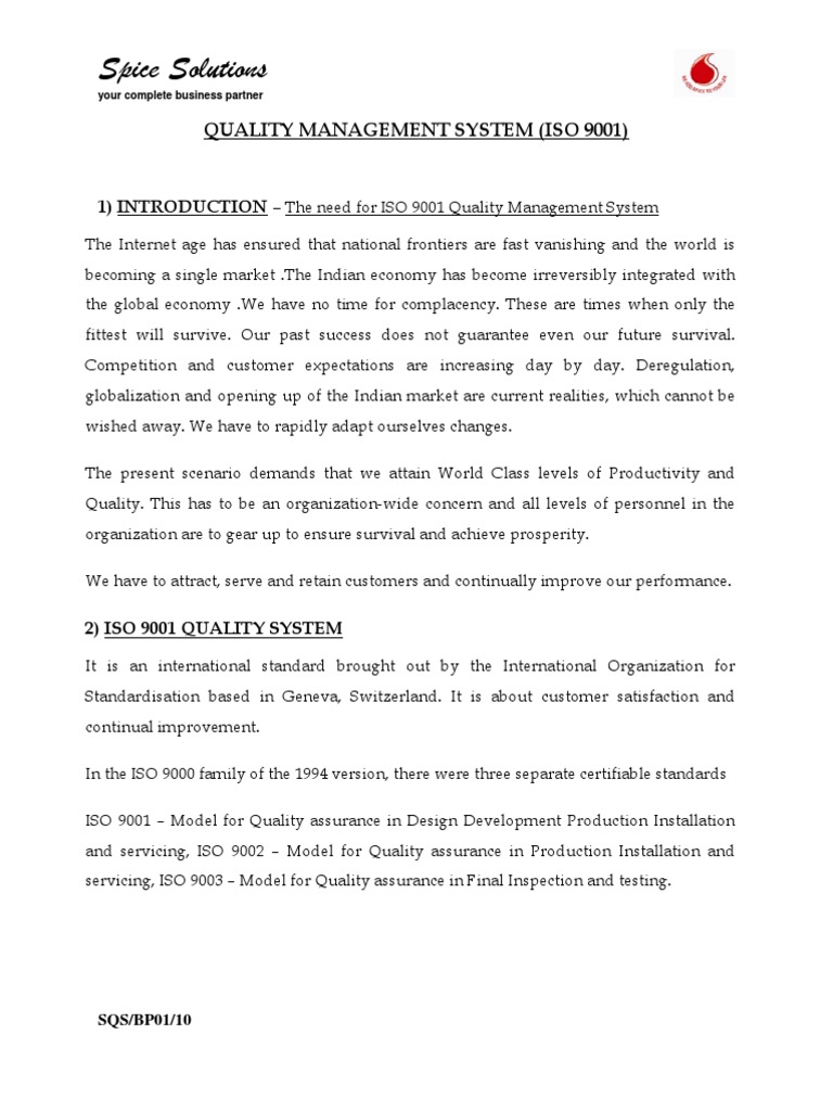 Spice Solutions: Quality Management System (Iso 9001) | PDF | Iso 9000 ...