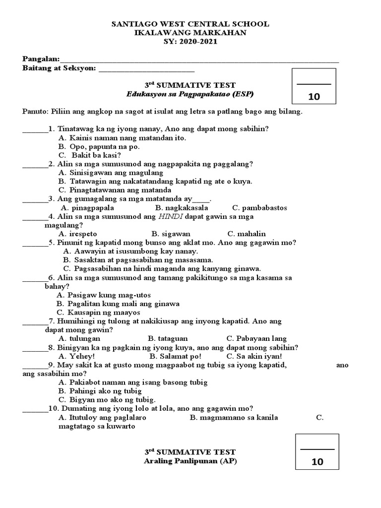 g1 q2 3rd Summative Test 3 All Subject With Tos | PDF