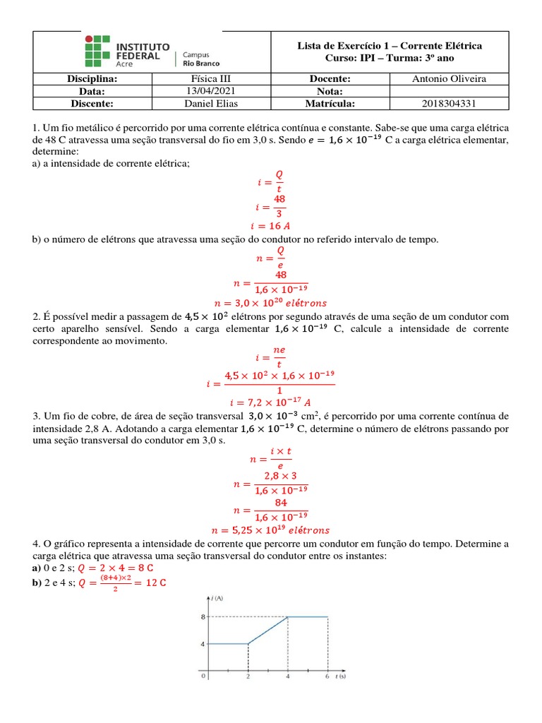 Lista de Exercício 1 - Corrente Eletrica | PDF | Corrente elétrica ...