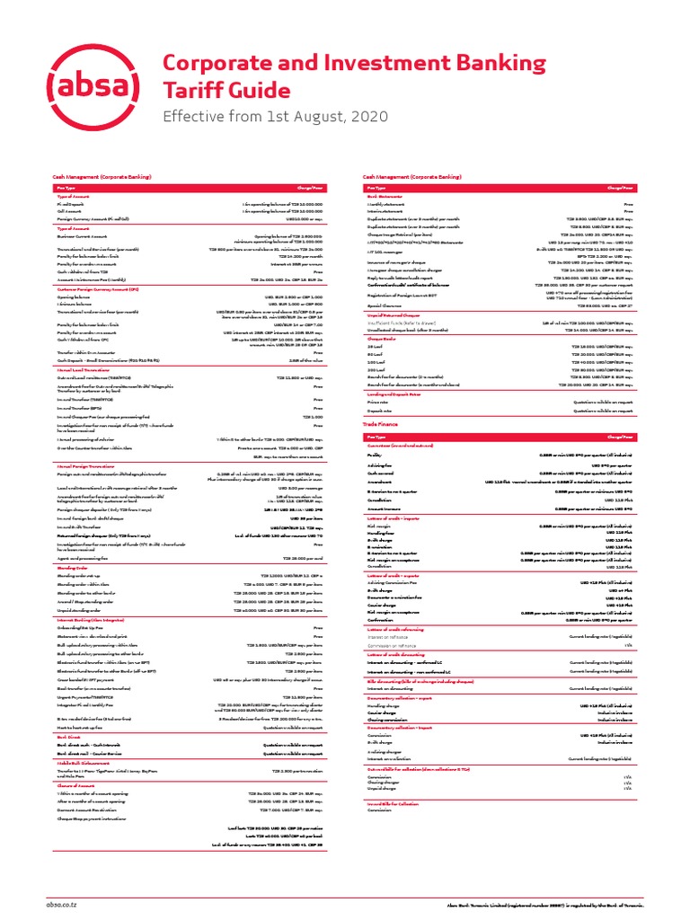 Absa Corporate Banking Tariff Guide | PDF | Banks | Euro