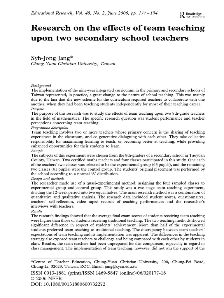 Research On The Effects of Team Teaching Upon Two Secondary School ...