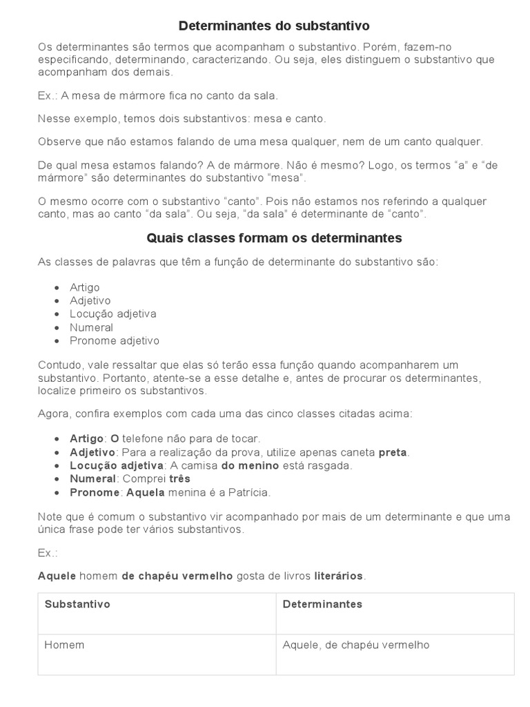 Determinantes do Substantivo em Português | PDF | Substantivo ...