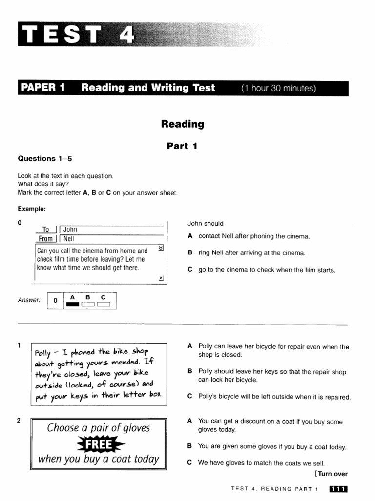 Paper 1 Reading and Writing Test Choose A Pair of Gloves When You Buy