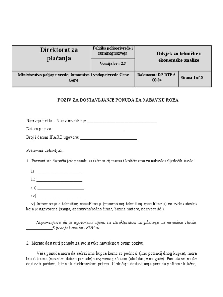 Poziv Za Dostavljanje Ponuda Za Nabavku Robe | PDF