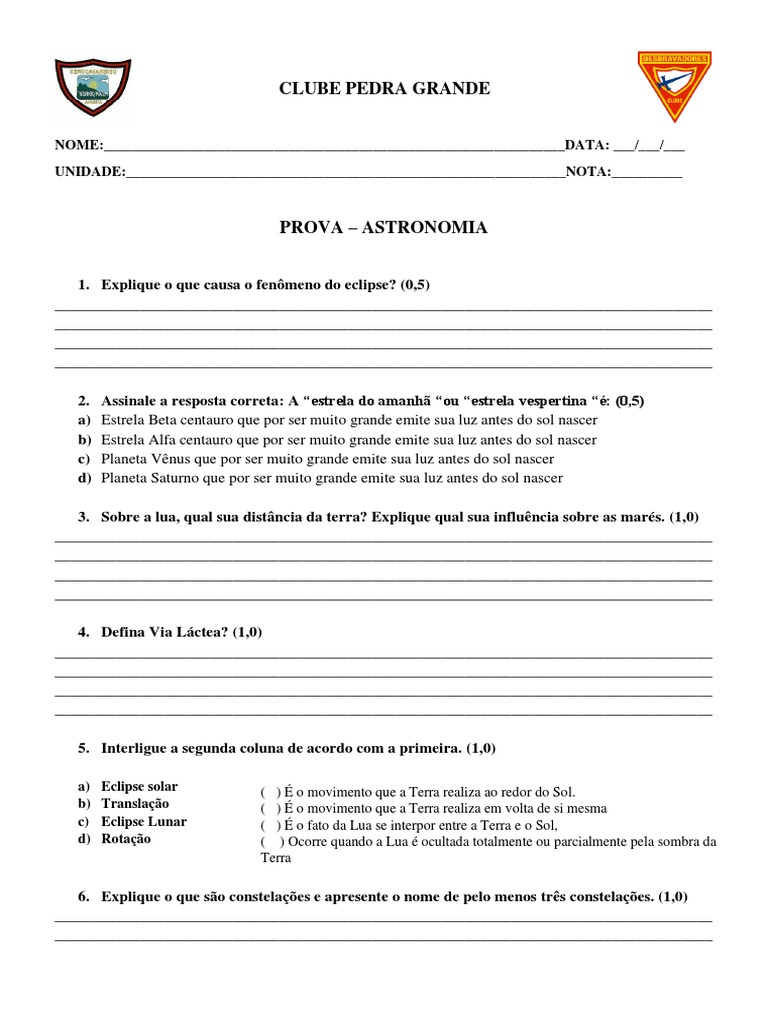 Prova de Astronomia | PDF | Eclipse | Sol
