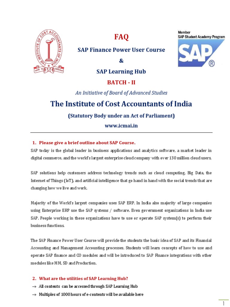 The Institute of Cost Accountants of India: SAP Finance Power User ...