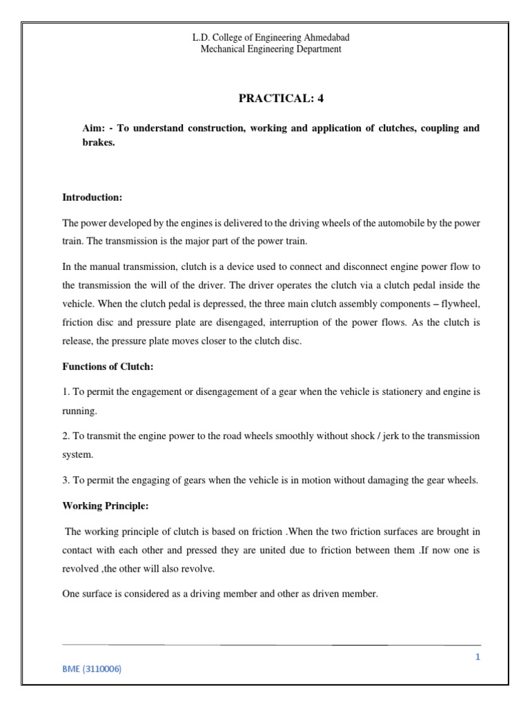 Aim To Understand Construction, Working and Application of Clutches
