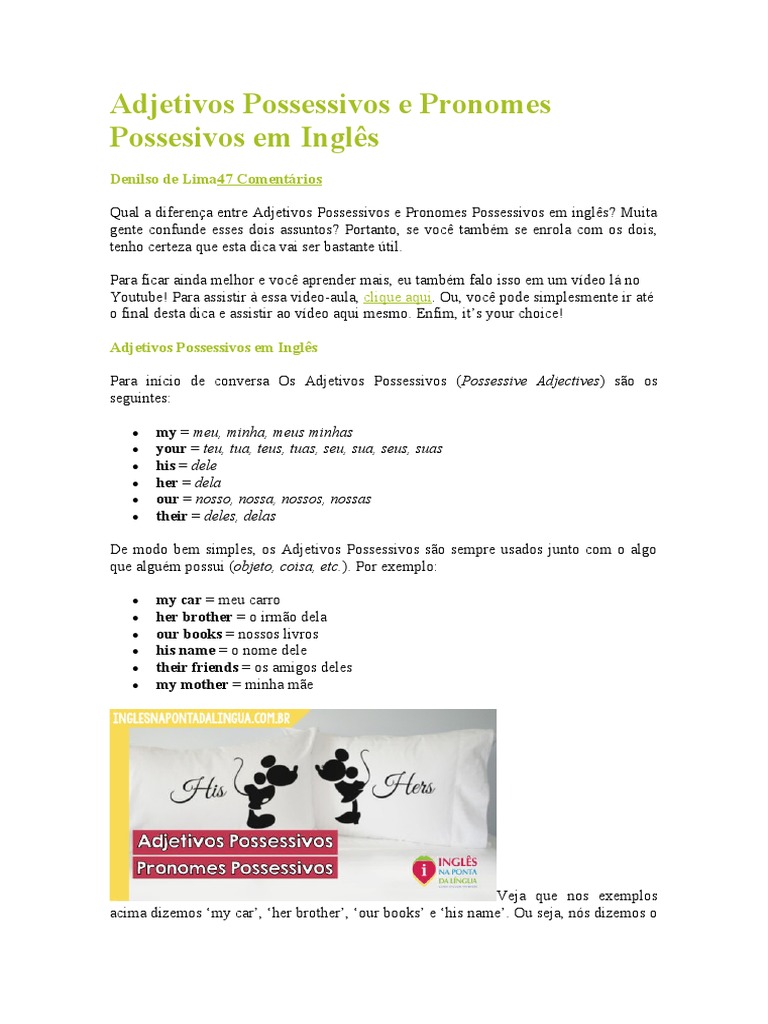 Adjetivos Possessivos e Pronomes Possesivos em Inglês | PDF | Pronome ...