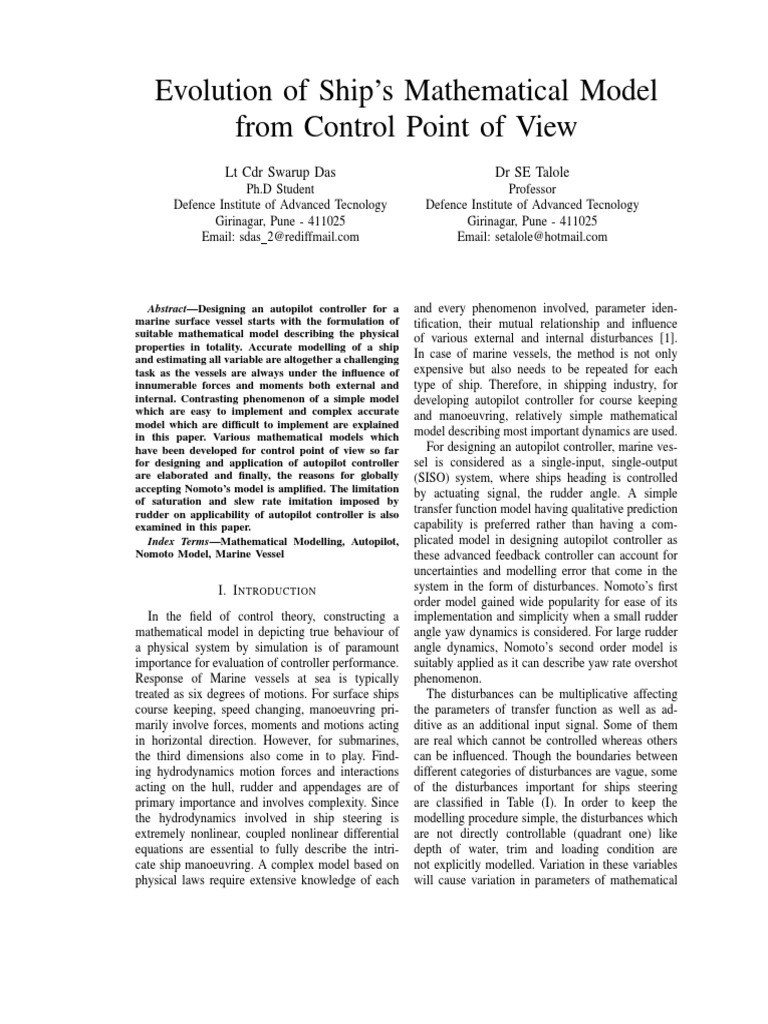 Ship Mathematical Models for Autopilot | PDF | Control Theory ...