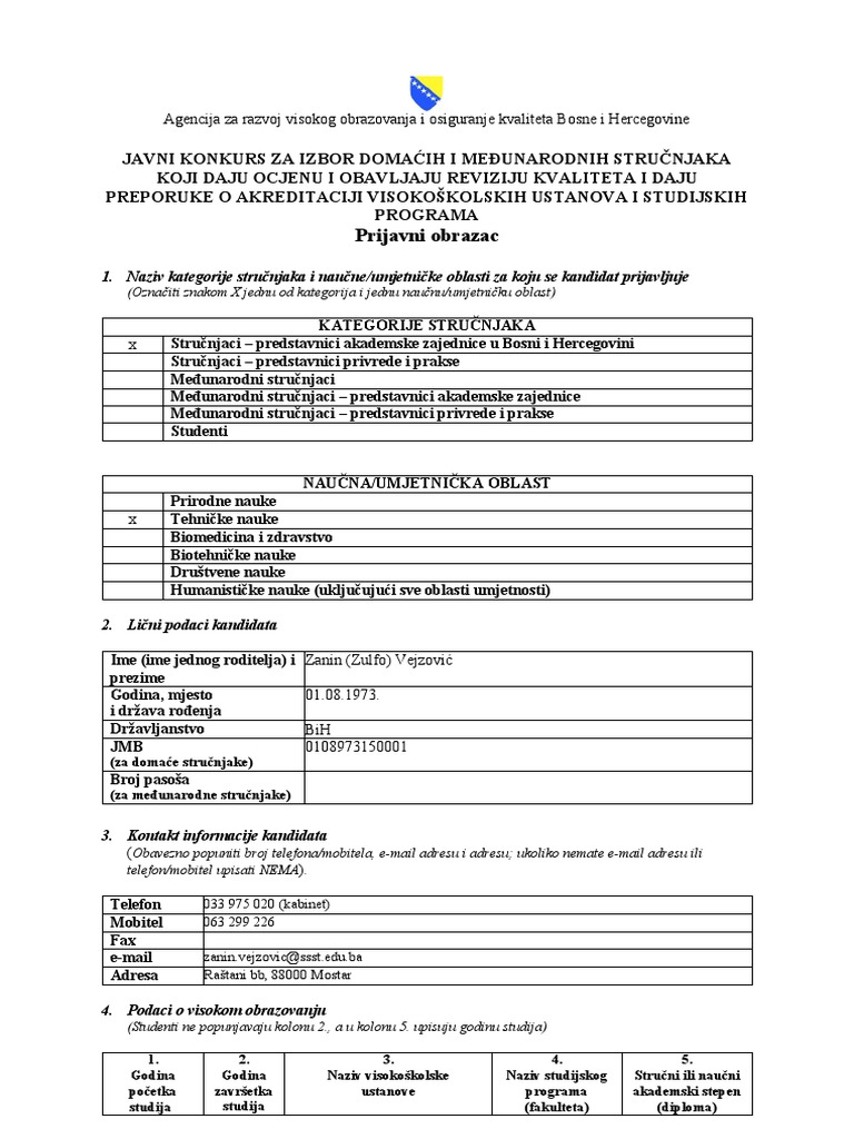 Obrazac Prijave Na Javni Konkurs PDF