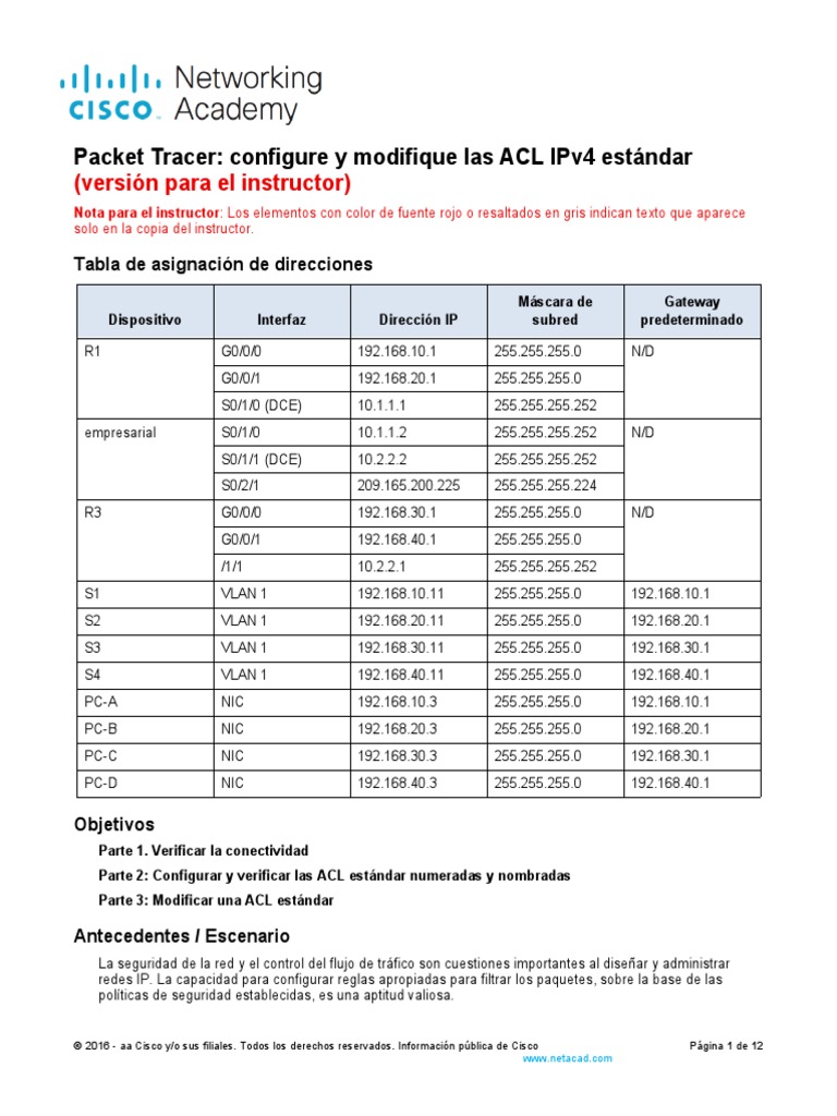 Configuración de ACL IPv4 en Packet Tracer | PDF | Enrutador ...