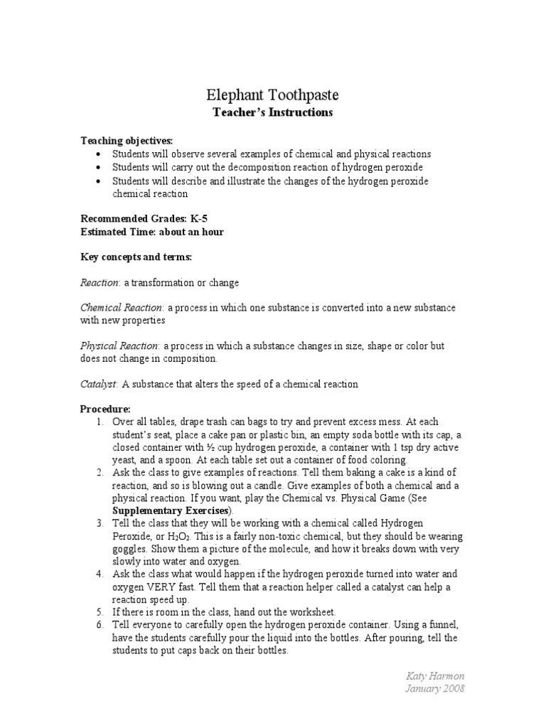 Elephant Toothpaste Teacher's Instructions PDF Hydrogen Peroxide