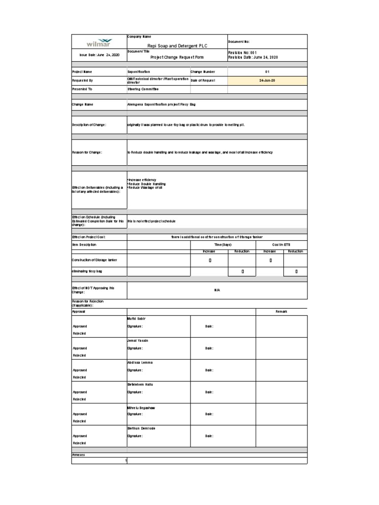 Repi Soap and Detergent PLC Project Change Request Form Download